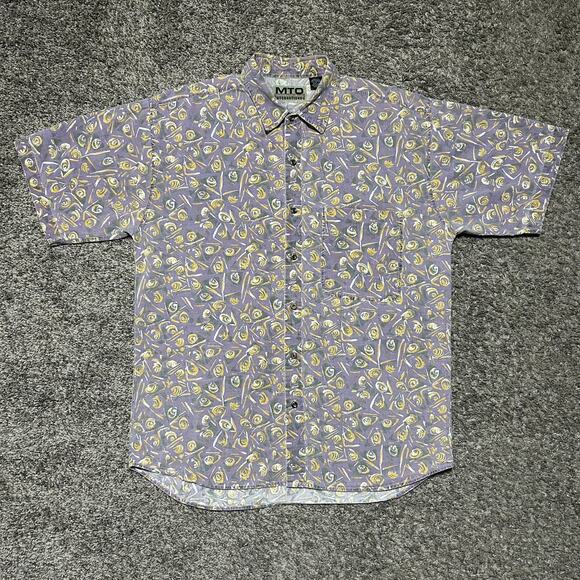 Vintage Abstract Print Button Up Shirt Geometric Art 80s 90s Cotton Purple Large - Picture 6 of 6